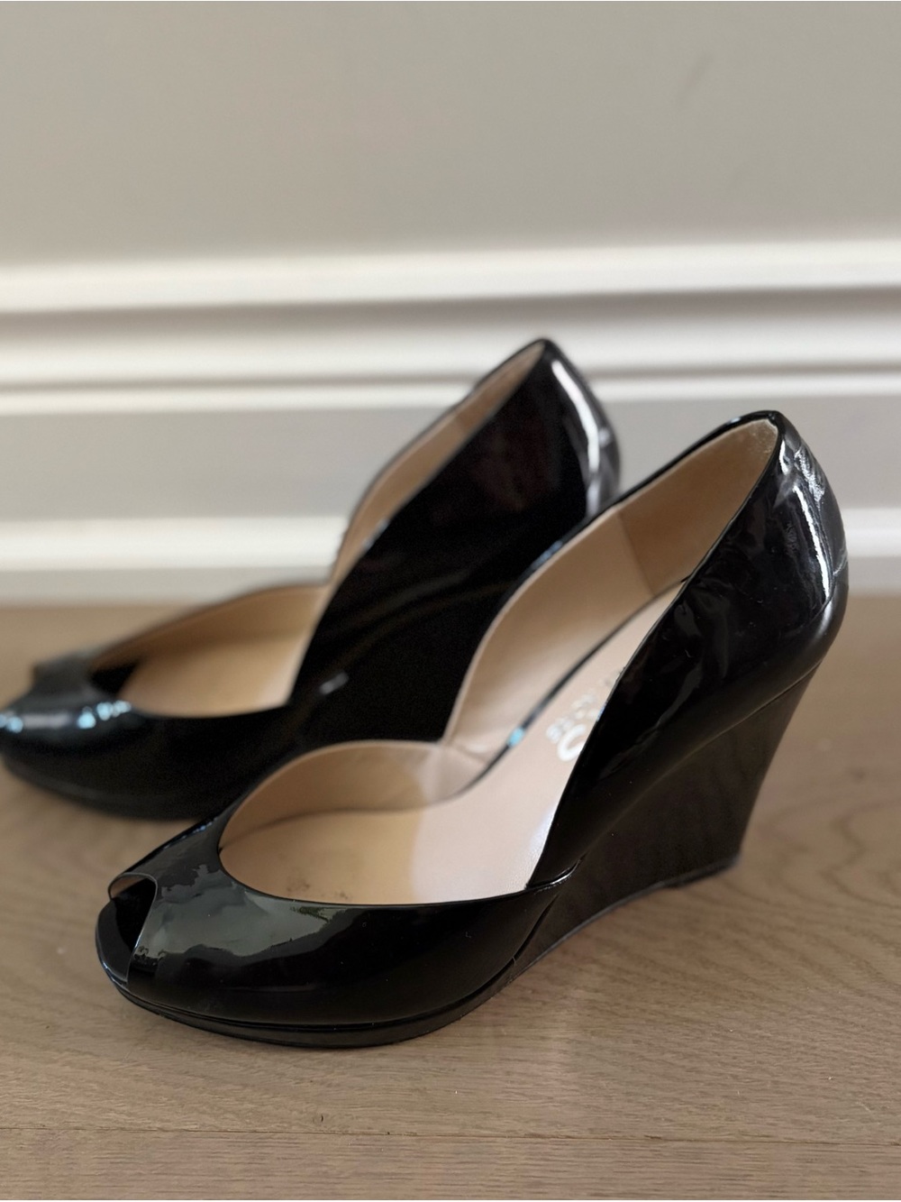 MICHAEL KORS Vail Black Patent Peep-Toe Wedge Pumps